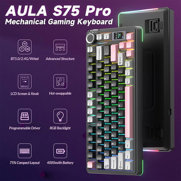 AULA S75 PRO Tri-mode Wireless Mechanical Keyboard with LCD Screen Creamy