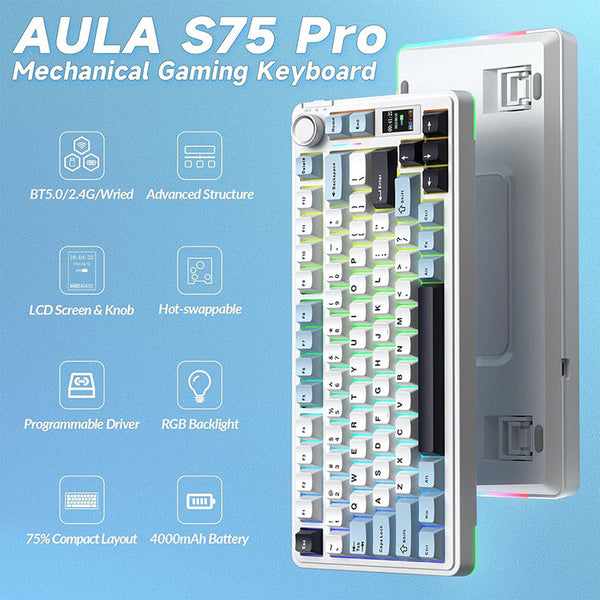 AULA S75 PRO Tri-mode Wireless Mechanical Keyboard with LCD Screen Creamy