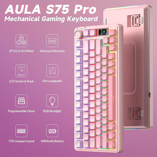 AULA S75 PRO Tri-mode Wireless Mechanical Keyboard with LCD Screen Creamy