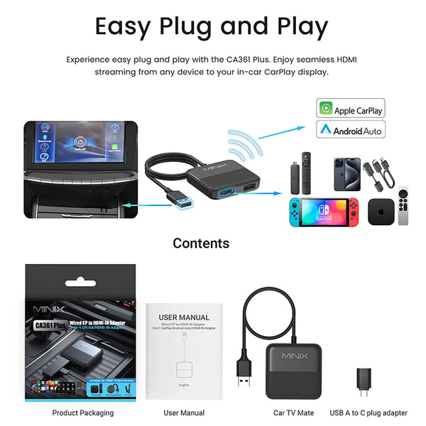 MINIX CA361 Plus Wireless CarPlay & Android Auto Adapter with HDMI