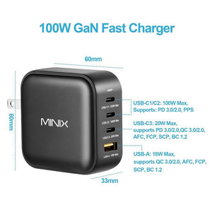 MINIX P3 GaN 4-Port Wall Charger 100W USB-C Fast Charging Adapter