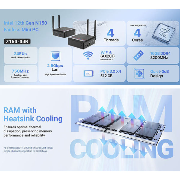 MINIX Z150-0dB Fanless Mini PC Intel N150