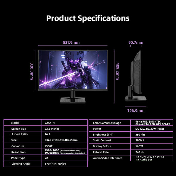 TITAN ARMY C24A1H 23.6" 240Hz Curved Gaming Monitor